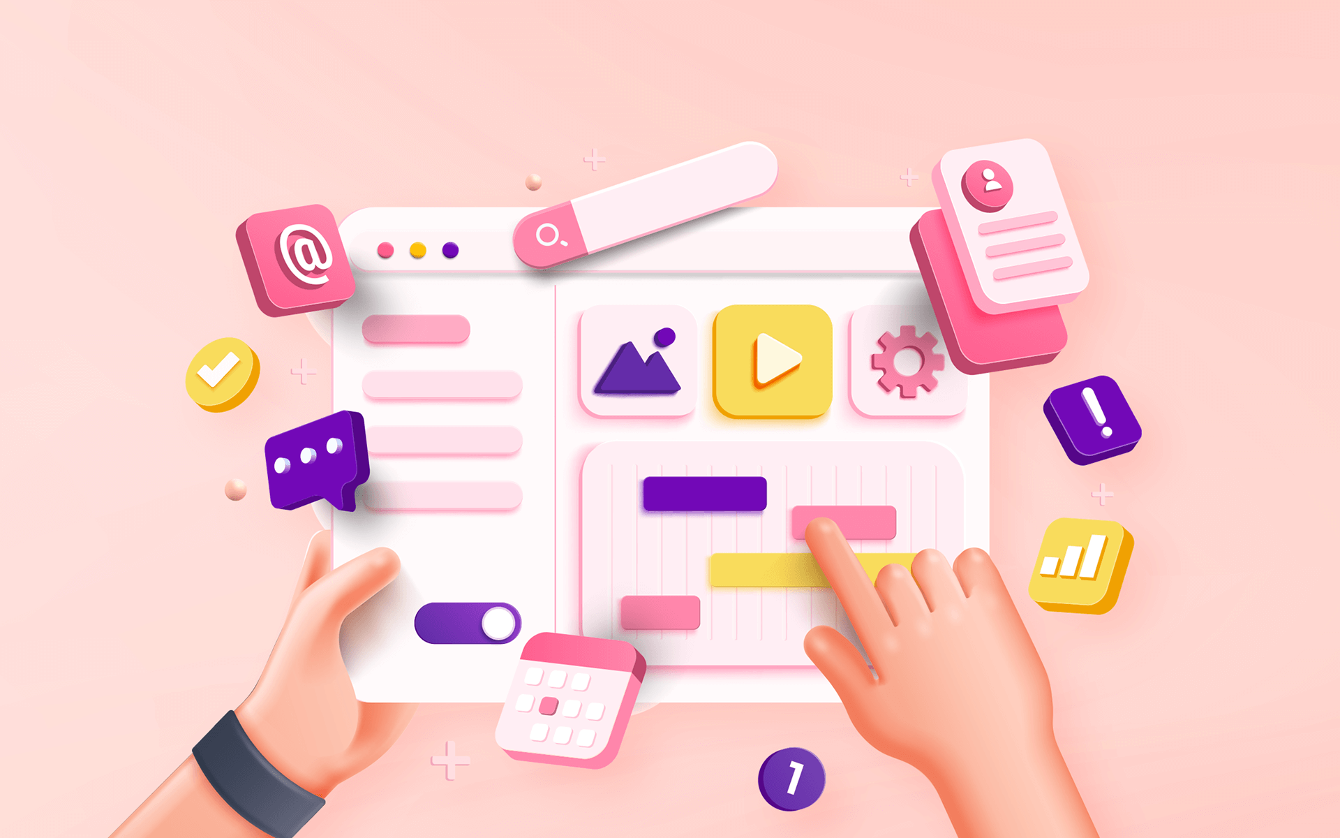 3D Illustration von Händen, die auf einem Dashboard Social Media Research betreiben