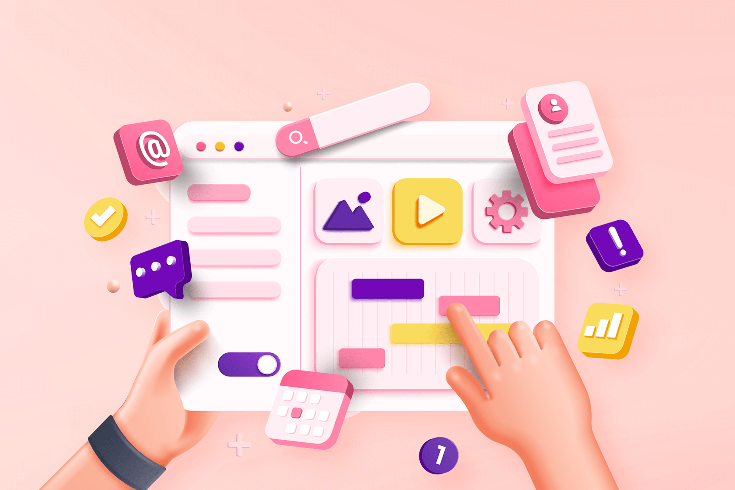3D Illustration von Händen, die auf einem Dashboard Social Media Research betreiben