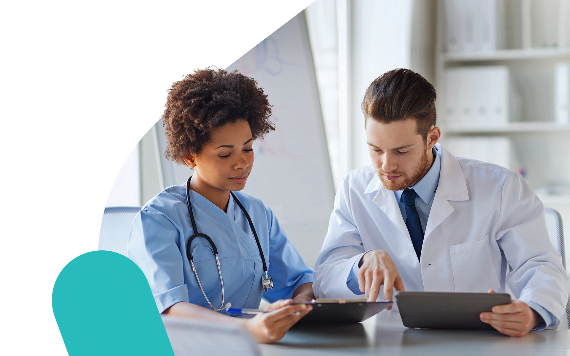 Two healthcare professionals, one in blue scrubs and the other in a white lab coat, look at two tablets together in this image for Meltwater's 2024 Consumer Insights: Healthcare report.