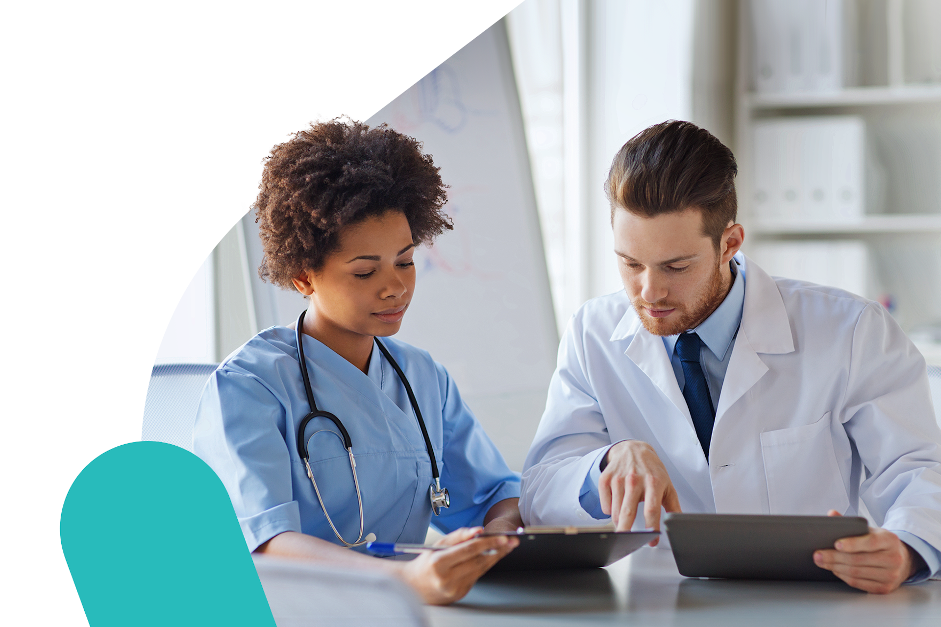 Two healthcare professionals, one in blue scrubs and the other in a white lab coat, look at two tablets together in this image for Meltwater's 2024 Consumer Insights: Healthcare report.