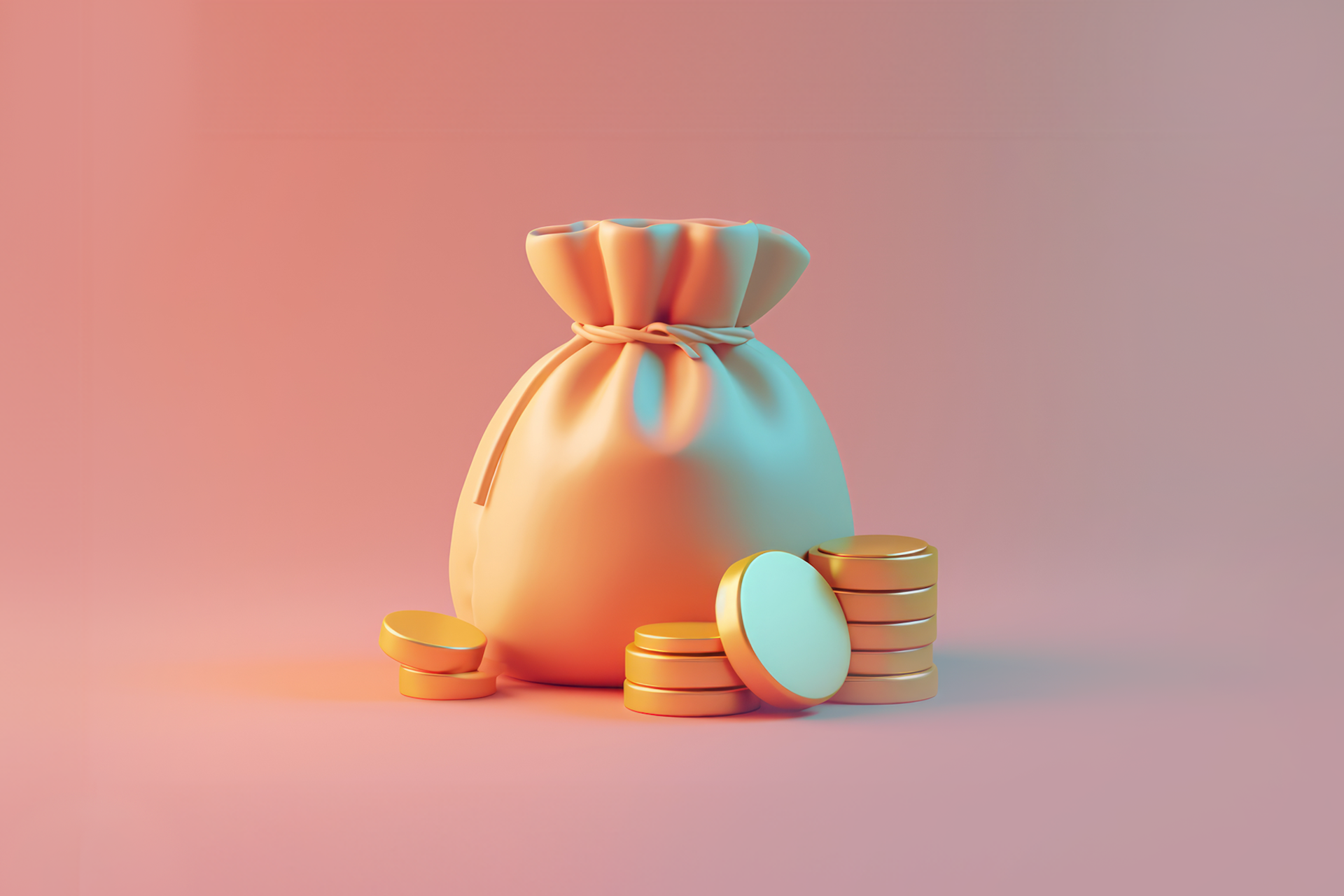 An illustration showing a closed money pouch with a drawstring, and some coins piled around it. Marketing ROI blog post