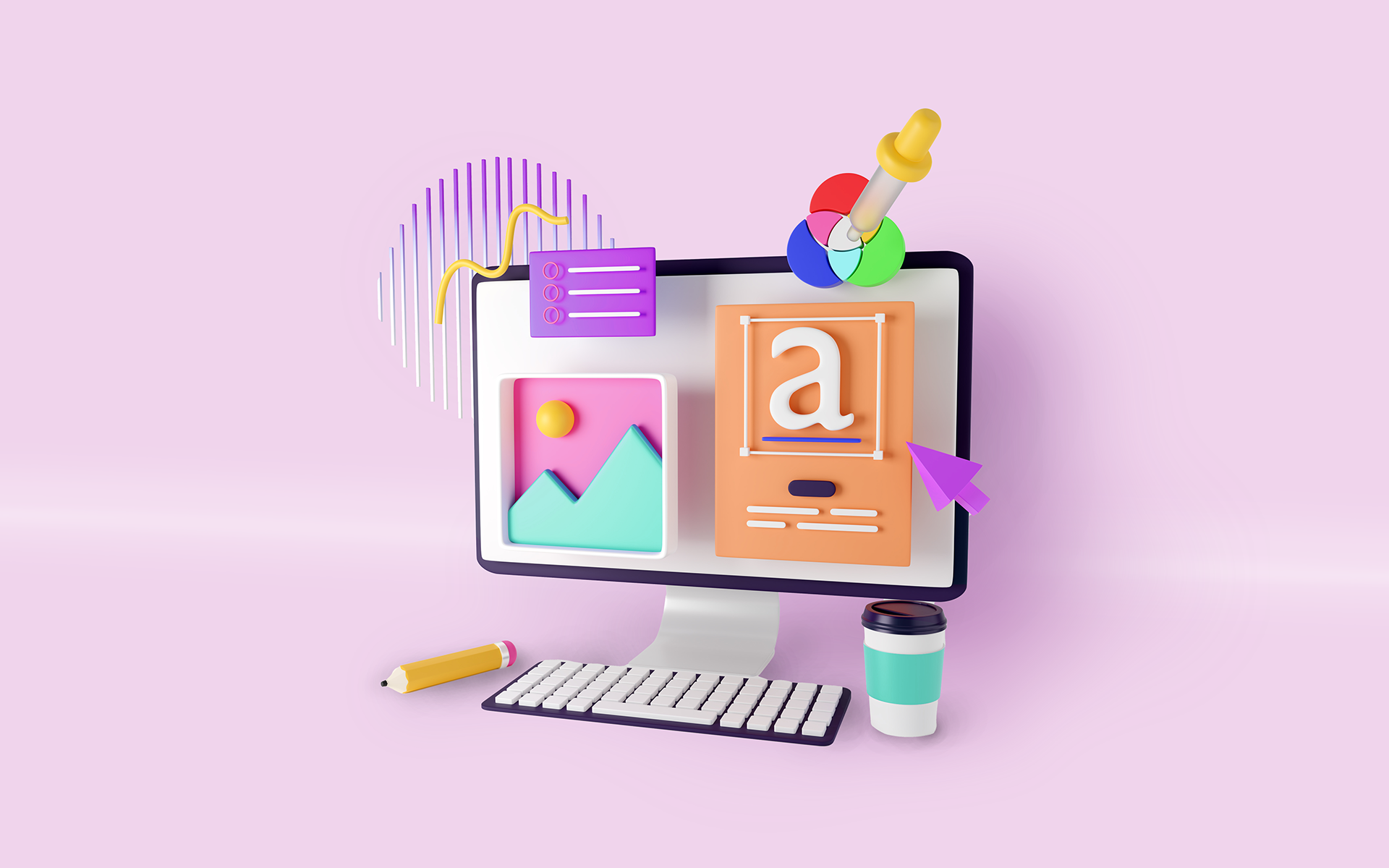An illustration showing a desktop computer on a surface with a pencil and coffee cup on either side. The computer screen has various symbols floating in front of it including a color chooser from a program like Photoshop, a curser, and other branding elements. Designing a new brand identity blog post.