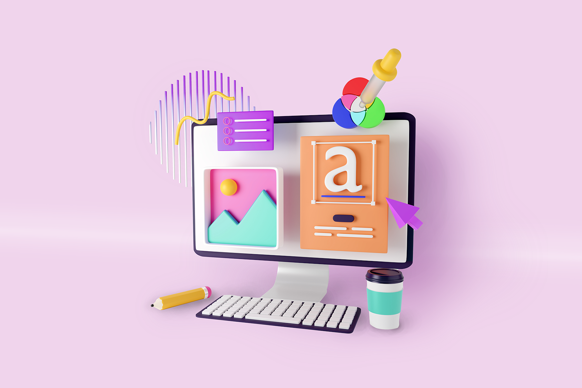 An illustration showing a desktop computer on a surface with a pencil and coffee cup on either side. The computer screen has various symbols floating in front of it including a color chooser from a program like Photoshop, a curser, and other branding elements. Designing a new brand identity blog post.
