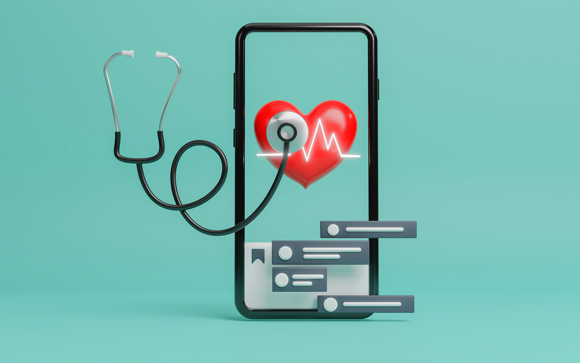 A stethoscope curls out from the screen of a smartphone displaying a heart in this image for a blog highlighting four insights from Meltwater's Consumer Insights: Healthcare report.