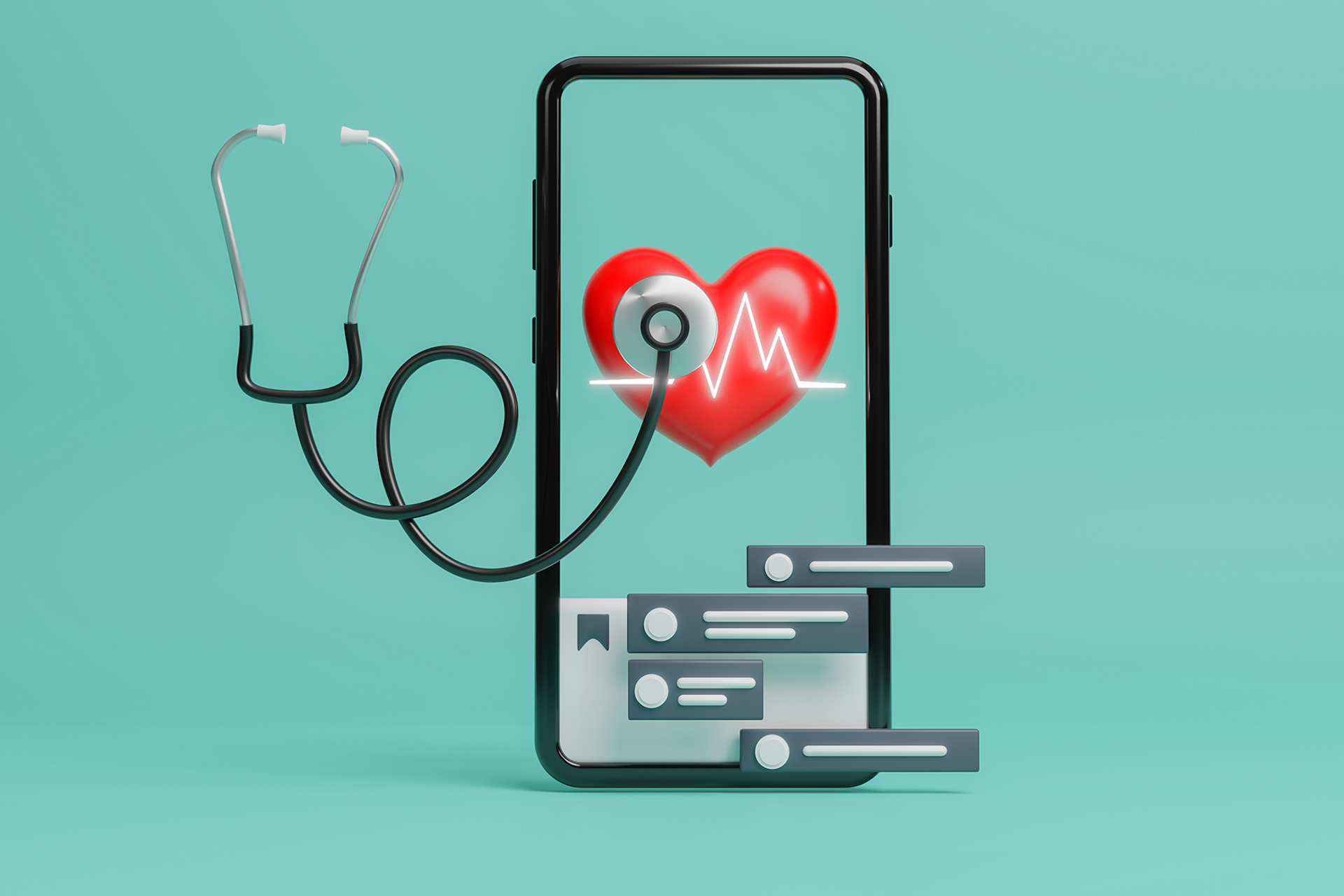 A stethoscope curls out from the screen of a smartphone displaying a heart in this image for a blog highlighting four insights from Meltwater's Consumer Insights: Healthcare report.