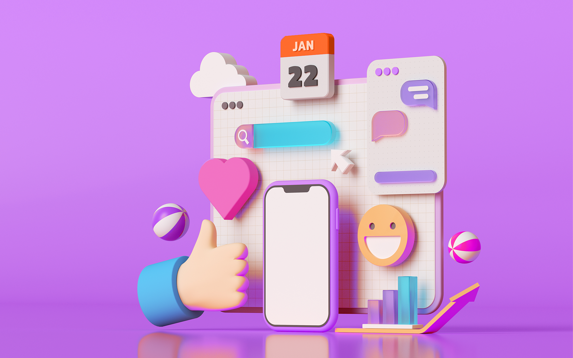 Illustration showing a calendar icon floating above a screen with various social media icons surrounding it. Main image for blog post on social content calendar with a free template.