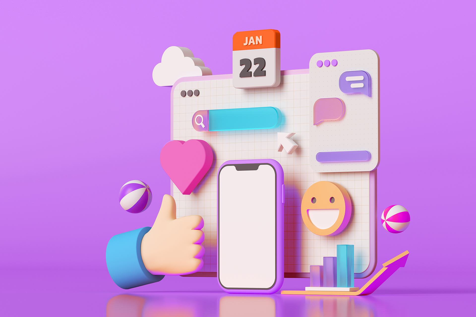 Illustration showing a calendar icon floating above a screen with various social media icons surrounding it. Main image for blog post on social content calendar with a free template.