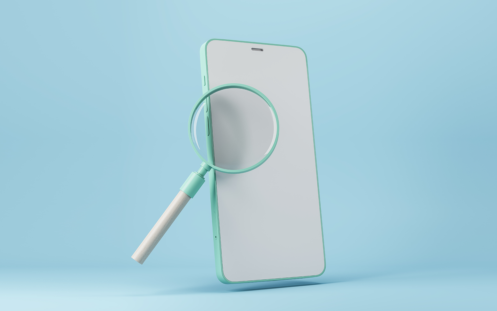 Illustration eines Smartphones mit einem Vergrößerungsglas davor, auf einem hellblauen Hintergrund