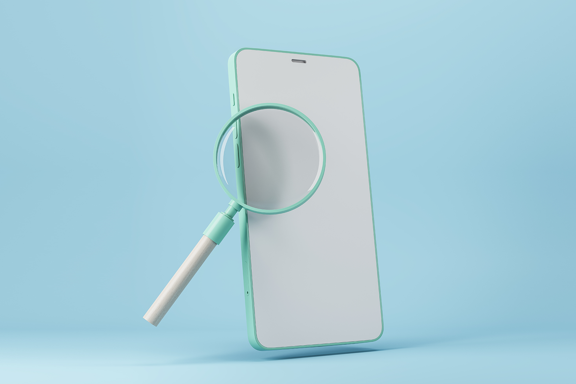 Illustration showing a smartphone with a magnifying glass in front of it, on a pale blue background