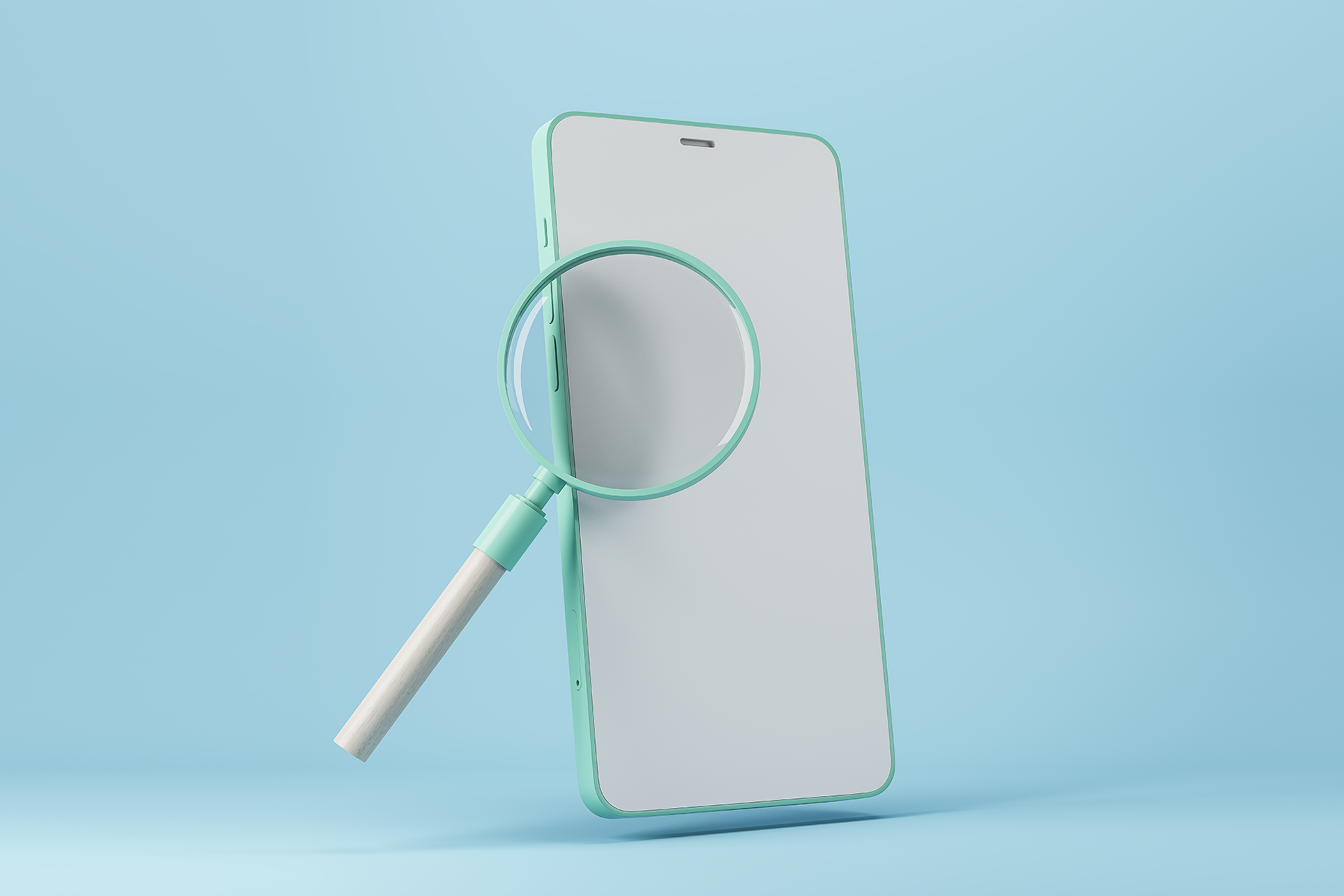Illustration eines Smartphones mit einem Vergrößerungsglas davor, auf einem hellblauen Hintergrund