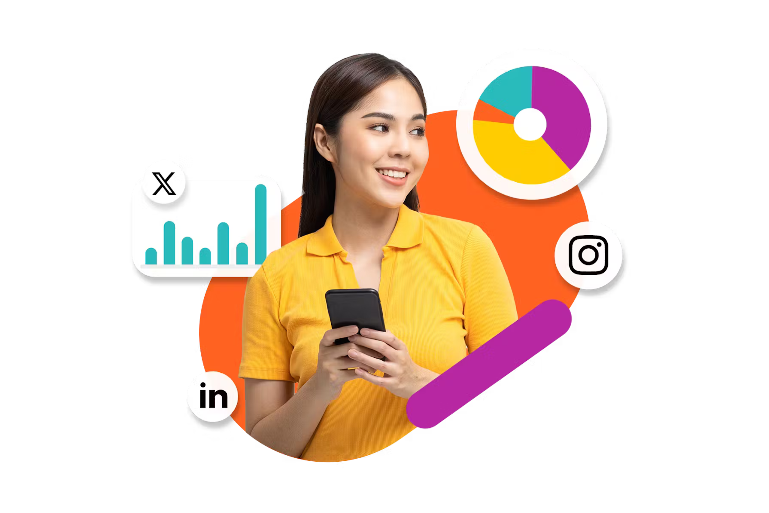 Image of an Asian woman holding a phone and surrounded by a bar graph and other charts. APAC state of social media 2024