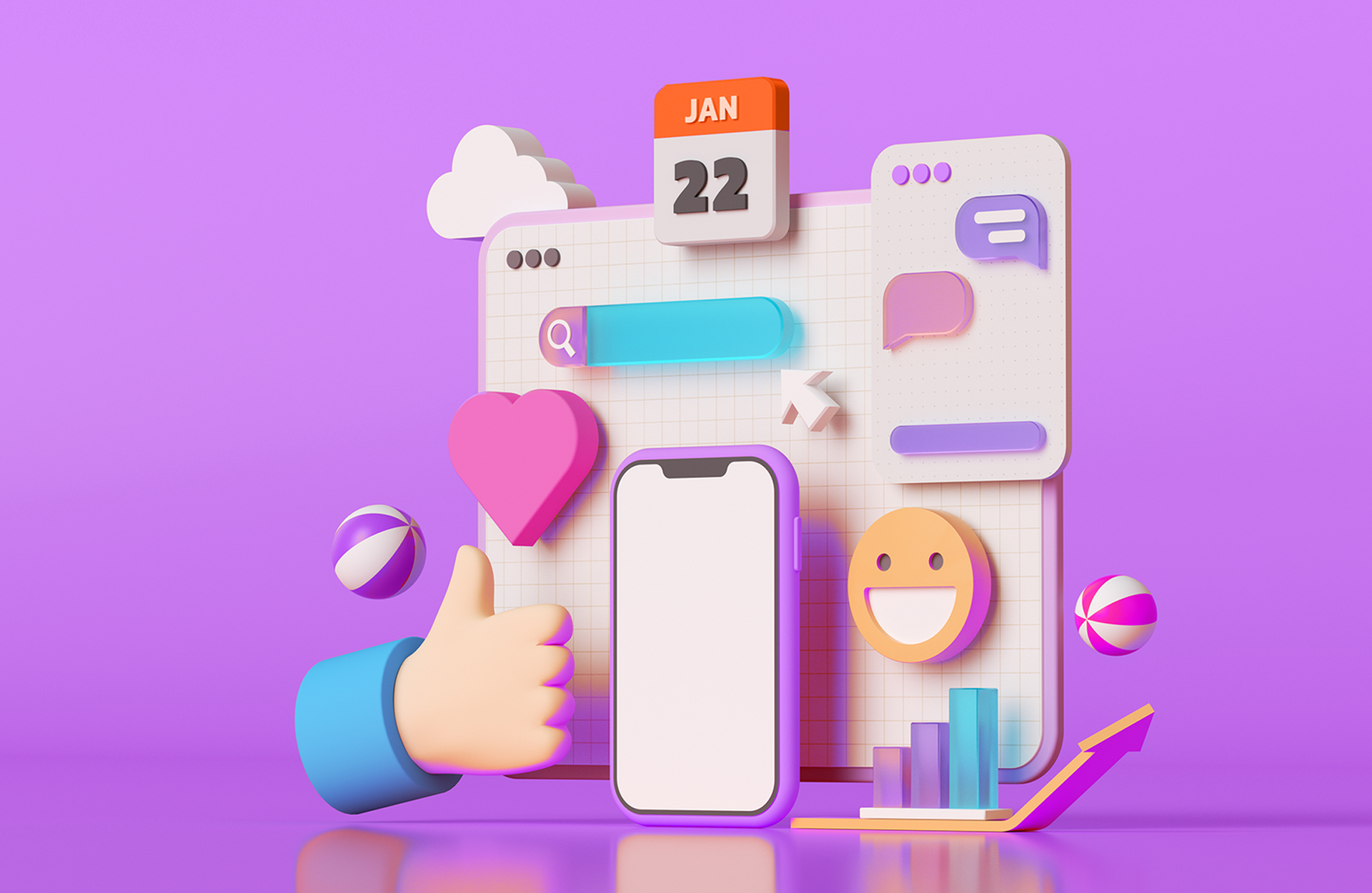 An illustration showing a number of social media icons floating in front of a computer screen. Social Media Content Calendar Template resource.