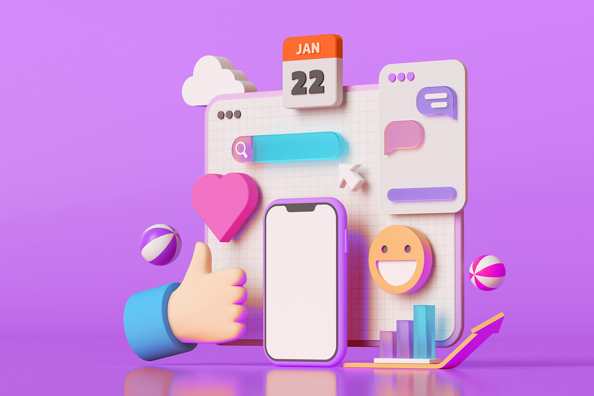 An illustration showing a number of social media icons floating in front of a computer screen. Social Media Content Calendar Template resource.