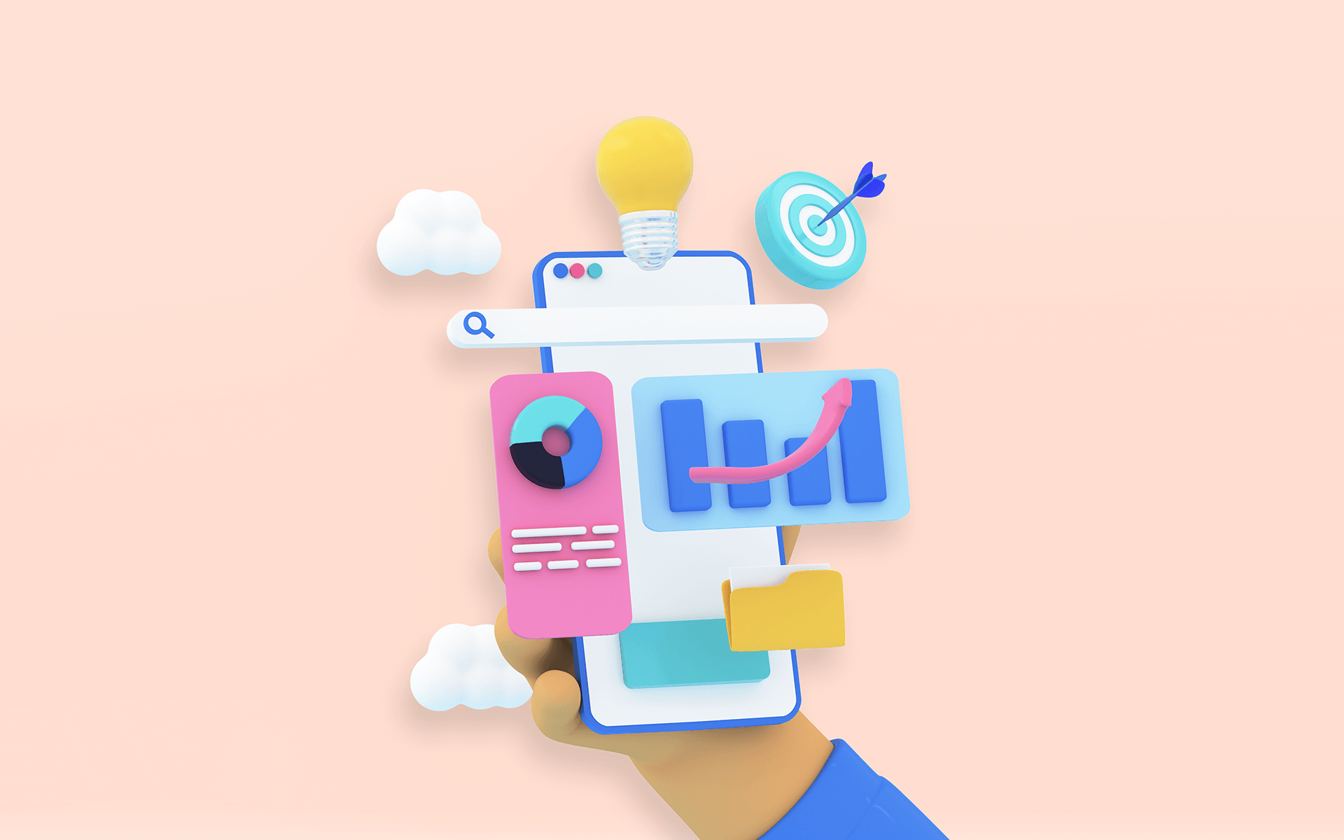 In illustration of a hand holding a smartphone with various charts and icons representing influencer campaign tracking.