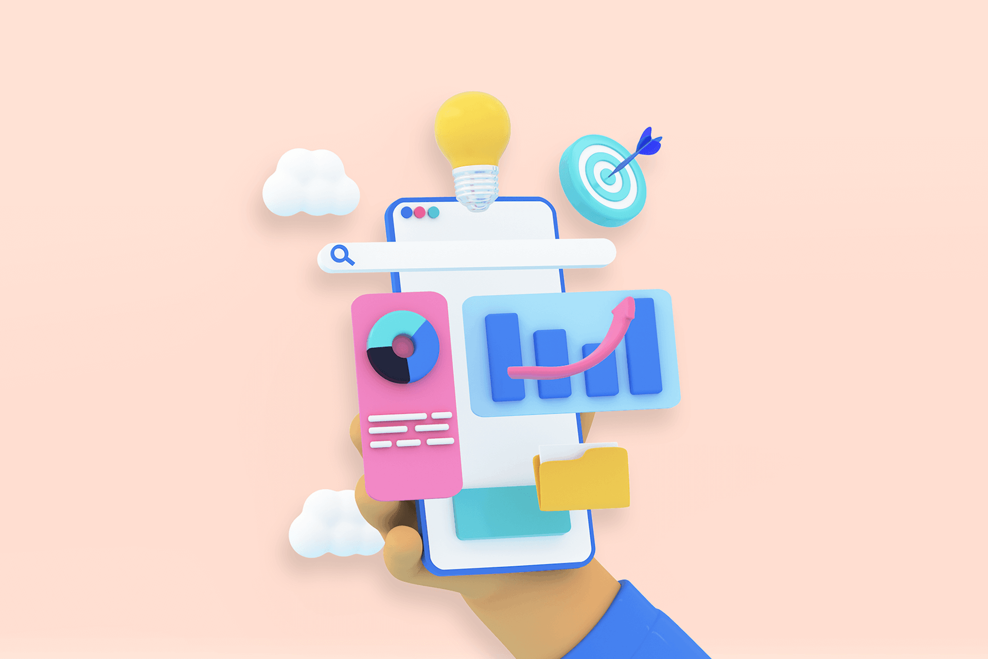 In illustration of a hand holding a smartphone with various charts and icons representing influencer campaign tracking.