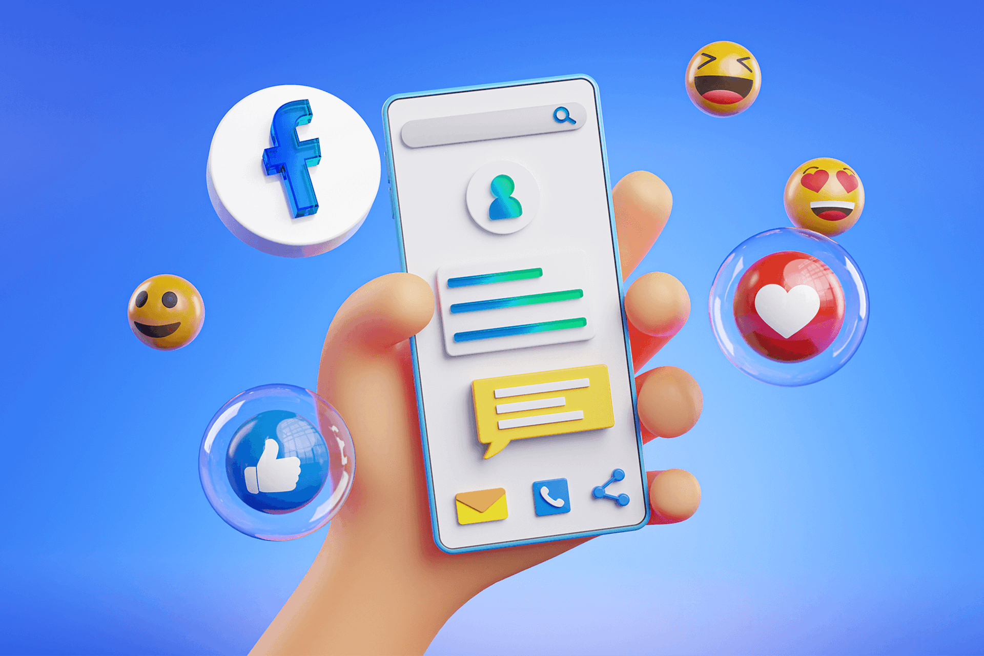 An illustration the Facebook logo and a hand holding a smartphone surrounded by metrics and emojis representing Facebook Analytics.