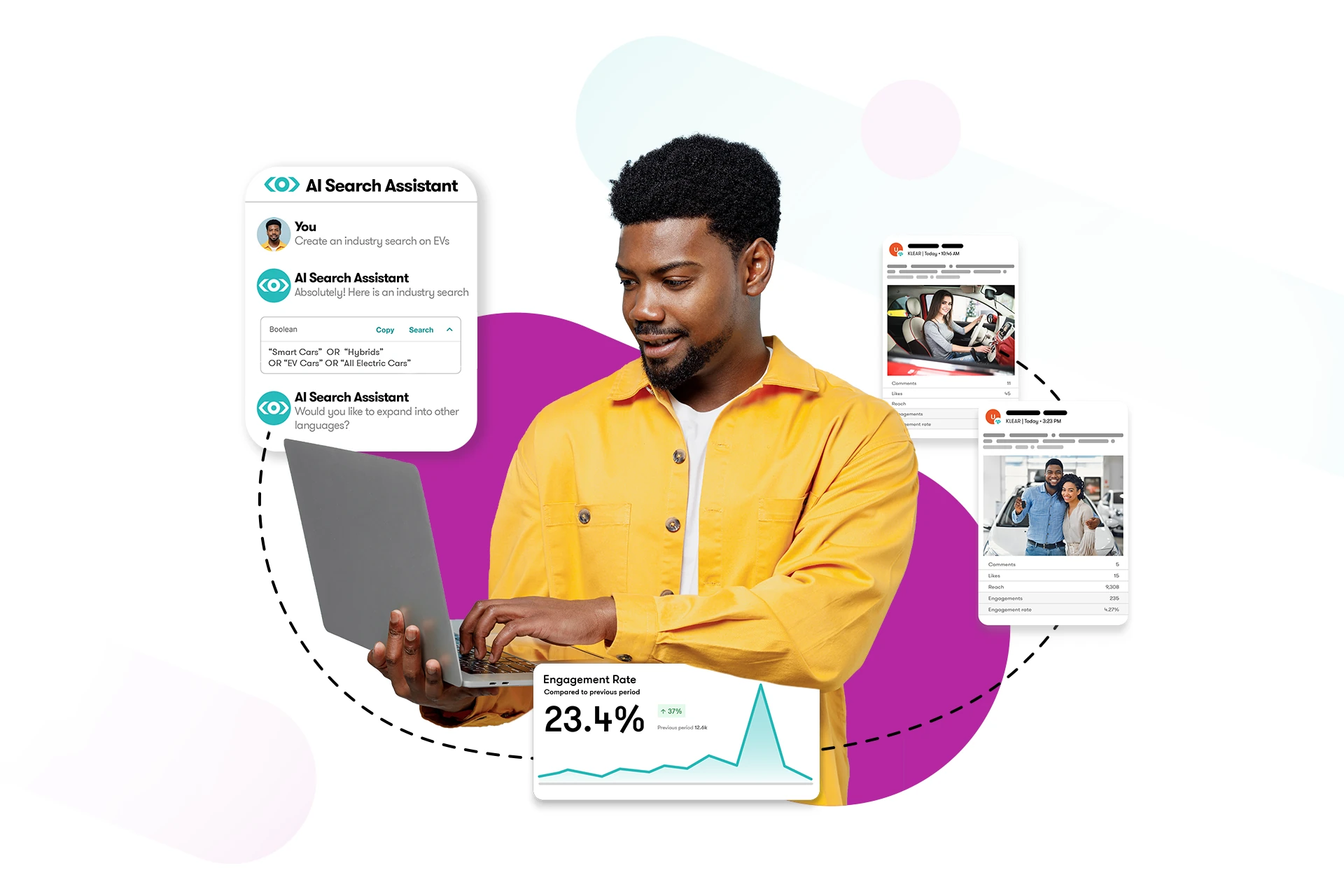 A man using a laptop, alongside images of Meltwater's 2024 mid-year product release features. 