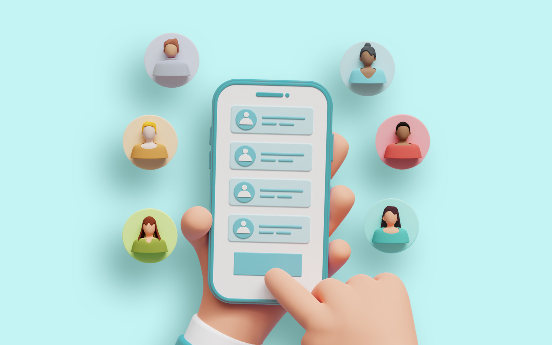 An illustration of a hand holding a smartphone scrolling through blogger profiles representing how to find bloggers in your niche