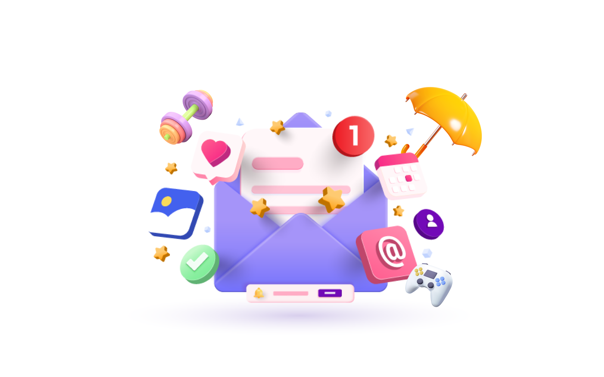 Illustration of an email invitation surrounded by different niche icons like travel, gaming, and fitness to represent nano-influencers