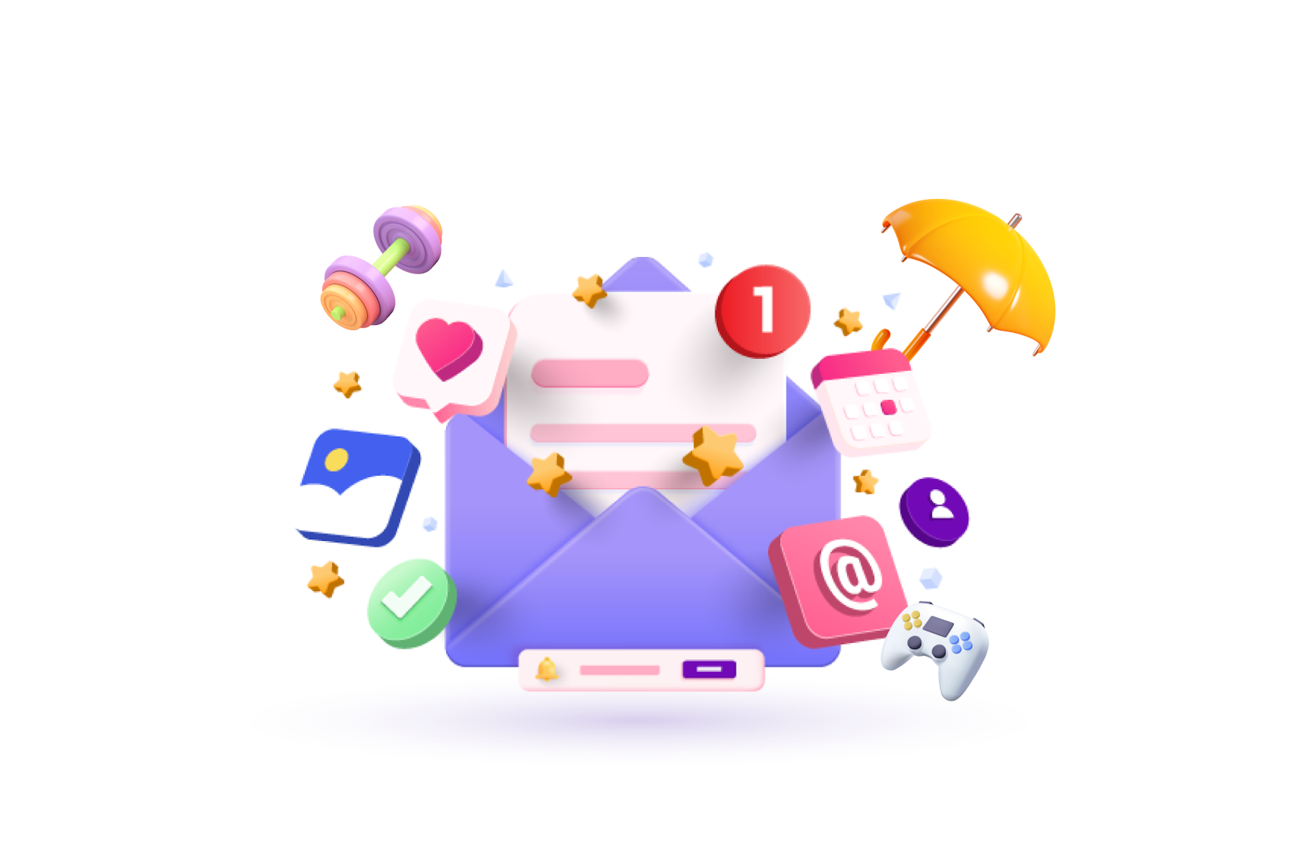 Illustration einer E-Mail-Einladung, umgeben von verschiedenen Nischensymbolen wie Reisen, Spiele und Fitness, um Nano-Influencer darzustellen