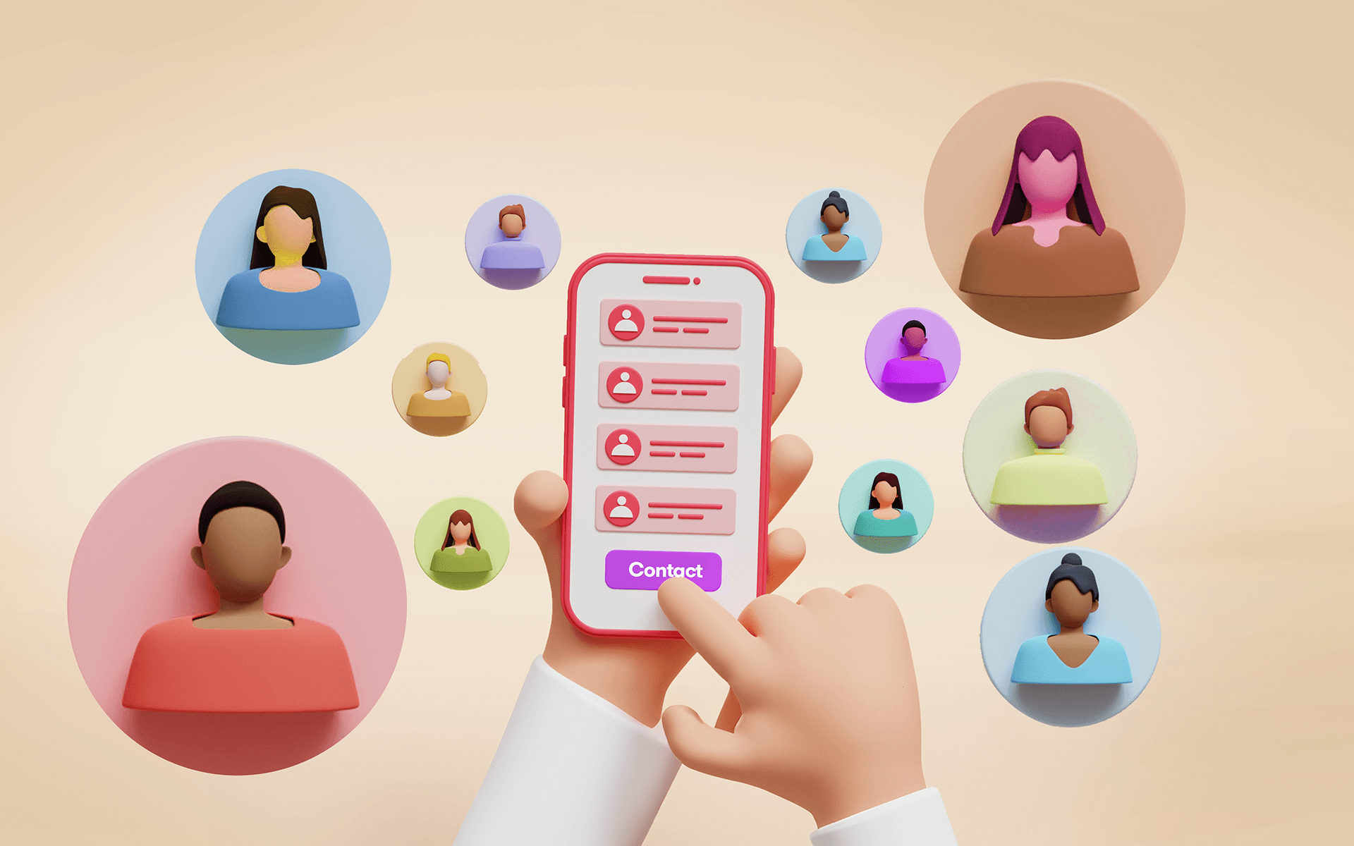 illustration of a hands holding a smartphone about to contact a list of names, surrounded by persona icons representing macro-influencers