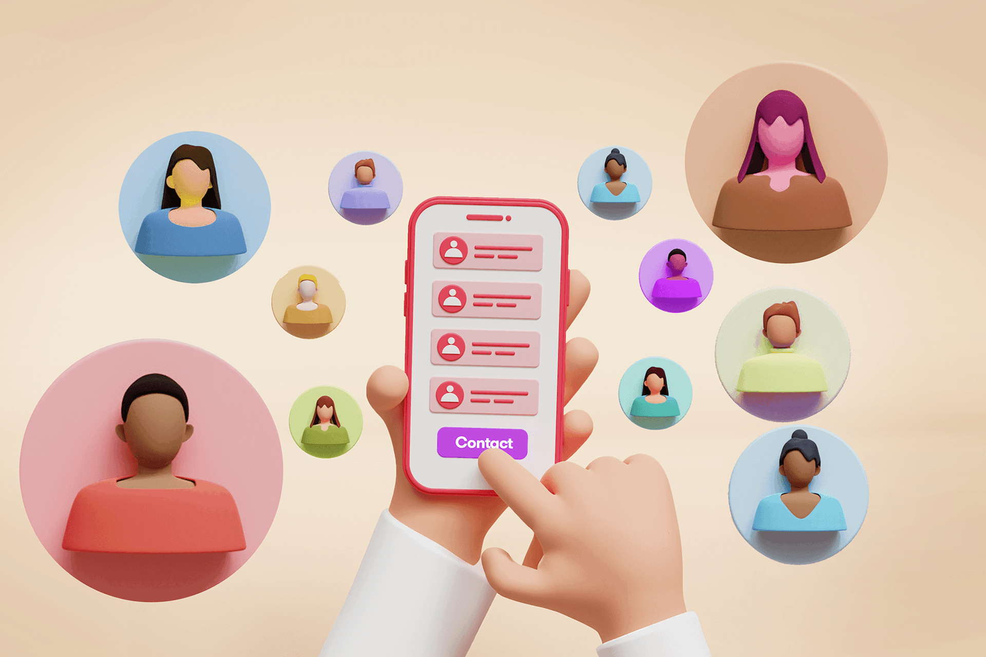 illustration of a hands holding a smartphone about to contact a list of names, surrounded by persona icons representing macro-influencers