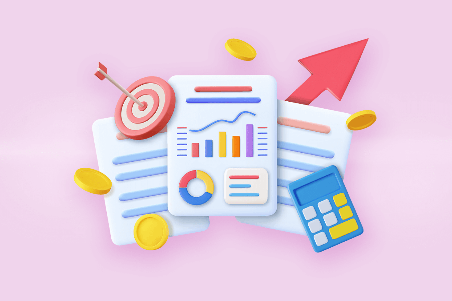 Illustration of a variety of charts, graphs, targets, and icons representing marketing campaign management.