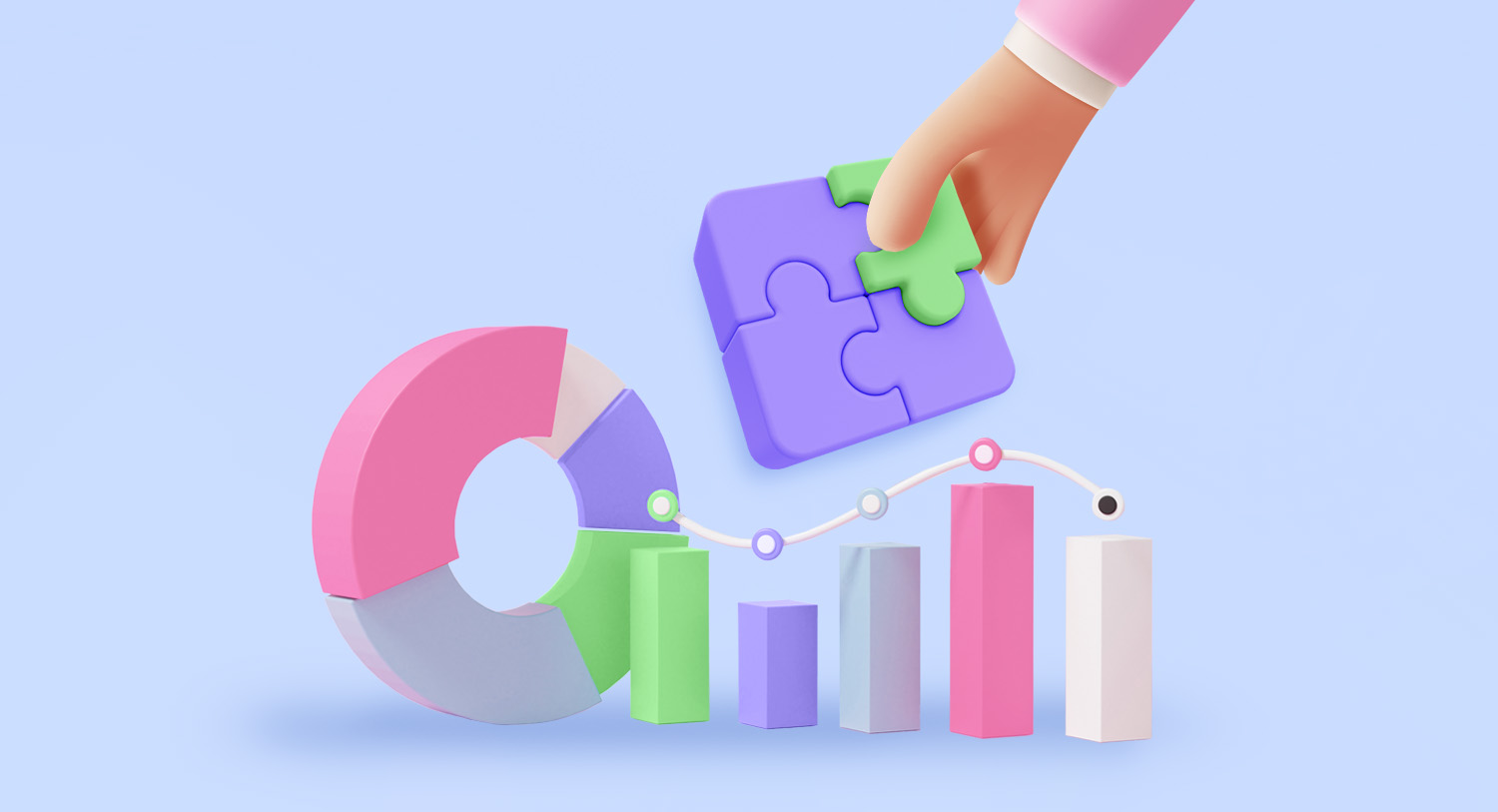 A hand holds four connected puzzle pieces above ring, bar, and line charts.
