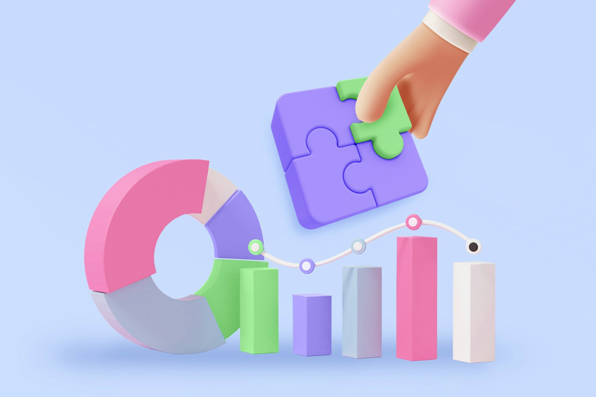 A hand holds four connected puzzle pieces above ring, bar, and line charts.