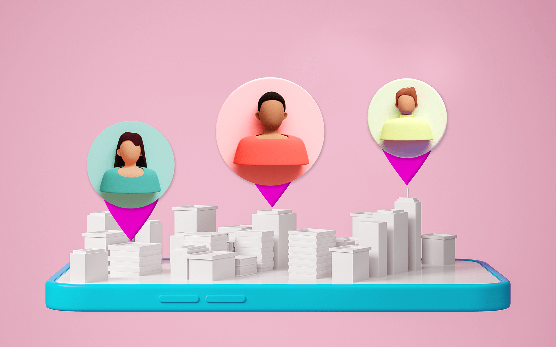 Illustration of a smartphone with a city skyline rising out of it and location tags above it representing how to find local influencers