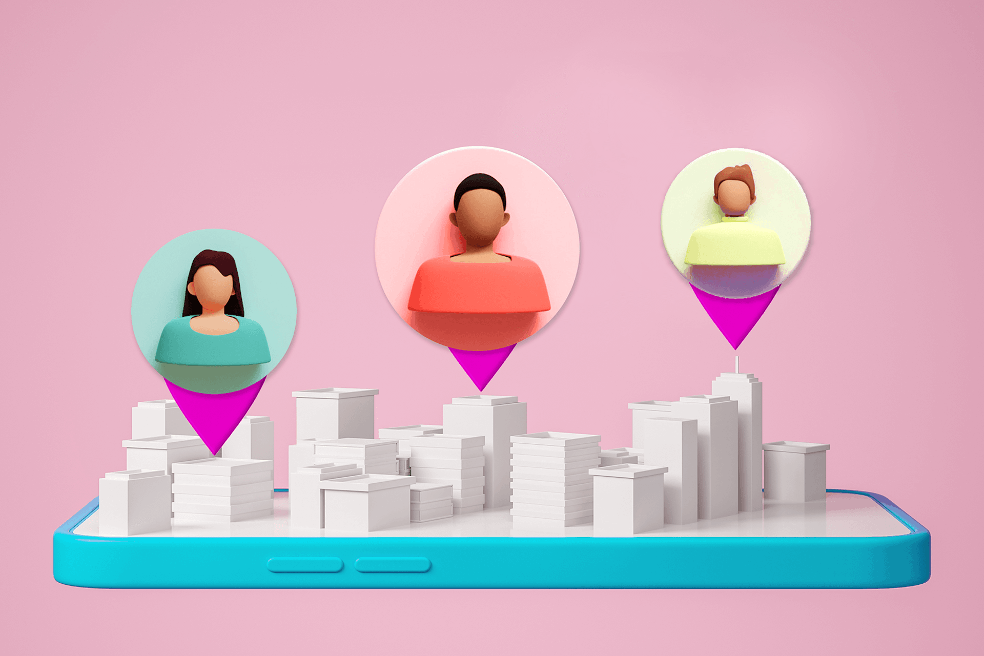 Illustration of a smartphone with a city skyline rising out of it and location tags above it representing how to find local influencers