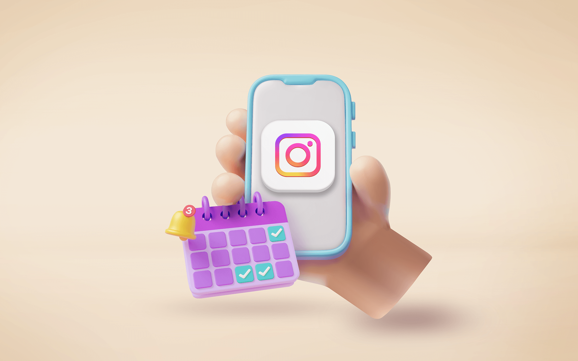 illustration of a hand holding a smartphone open to instagram with a calendar icon representing scheduling instagram reels