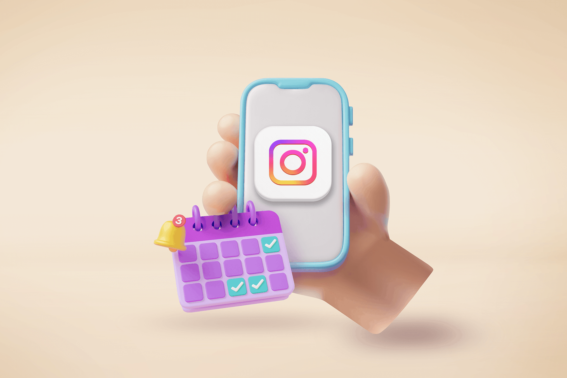 illustration of a hand holding a smartphone open to instagram with a calendar icon representing scheduling instagram reels