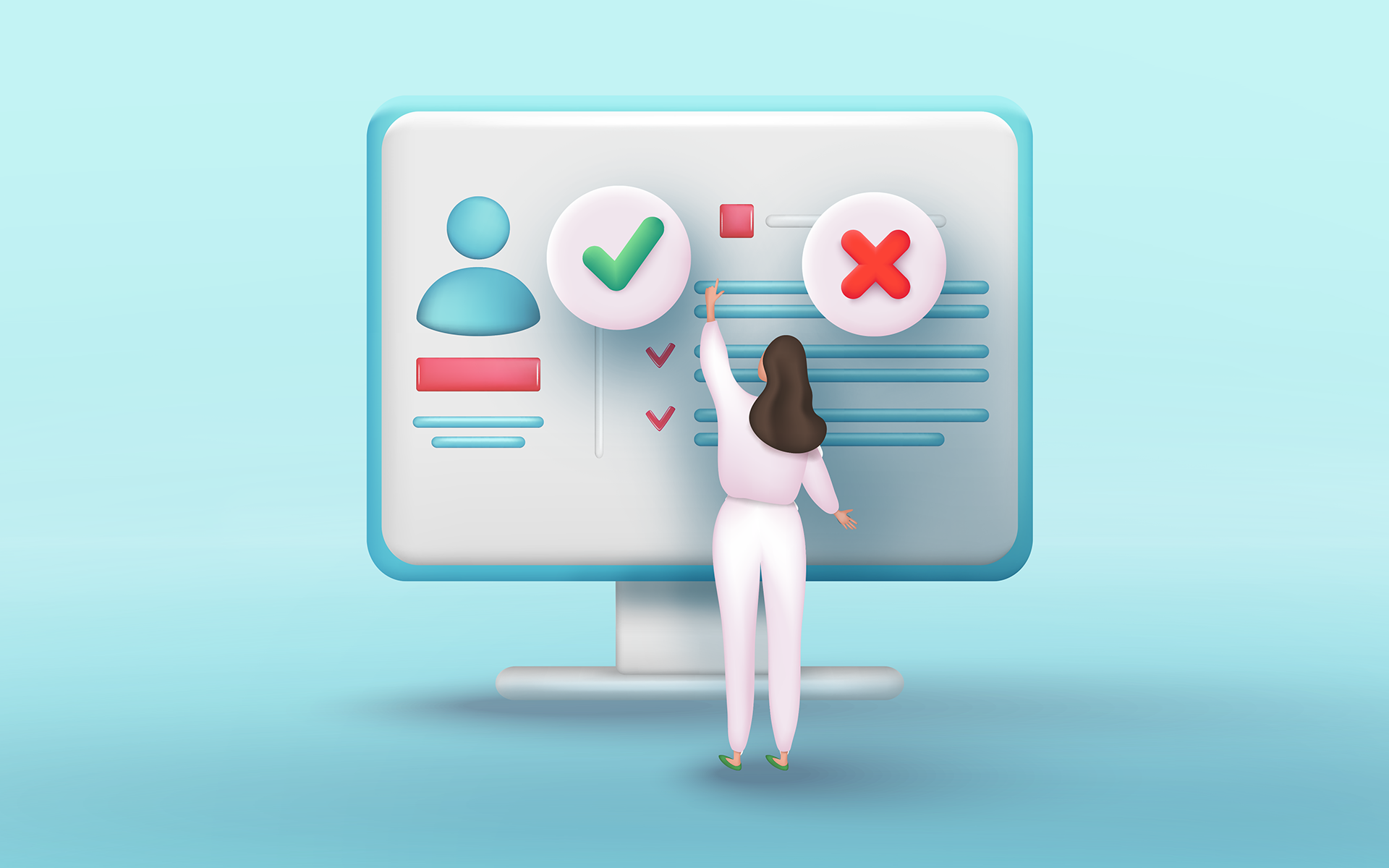 An illustration showing a woman in front of a large computer screen, she is reaching up to a green check mark hovering over a profile image of a journalist. Media requests tip blog