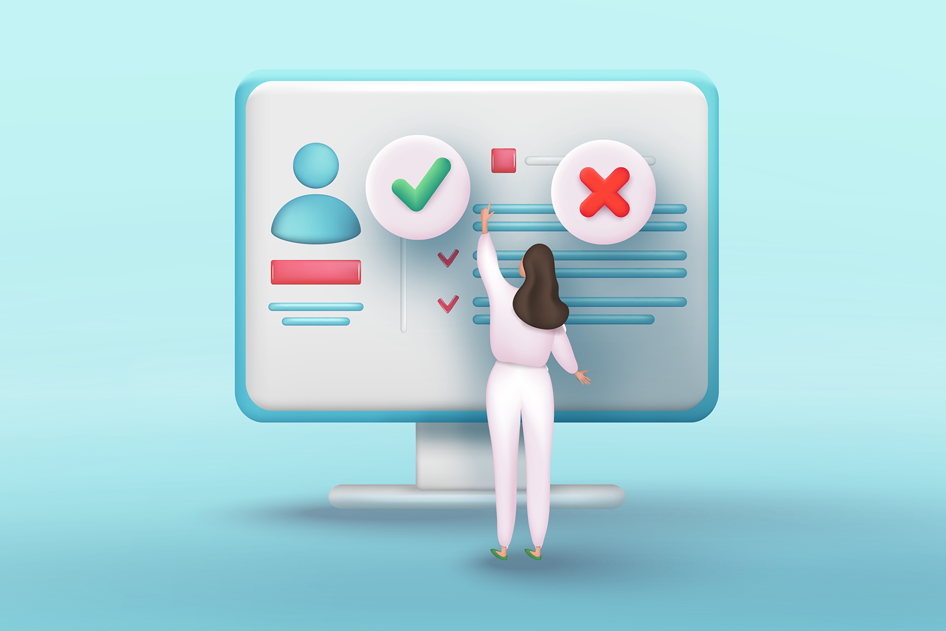 An illustration showing a woman in front of a large computer screen, she is reaching up to a green check mark hovering over a profile image of a journalist. Media requests tip blog