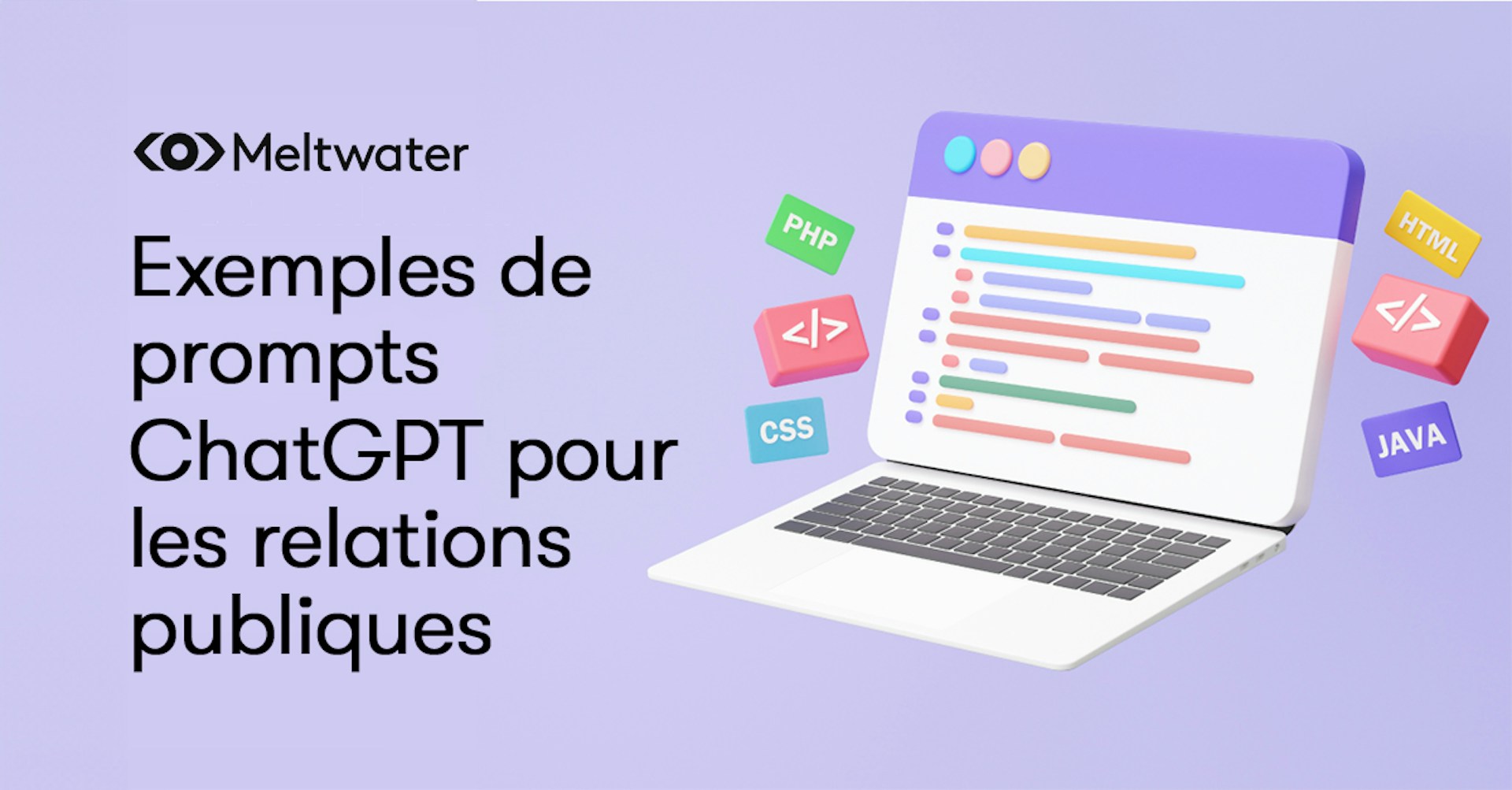 Illustration d'une tablette électronique et d'un clavier entourés d'icônes HTML et du texte AI Prompts for PR Pros