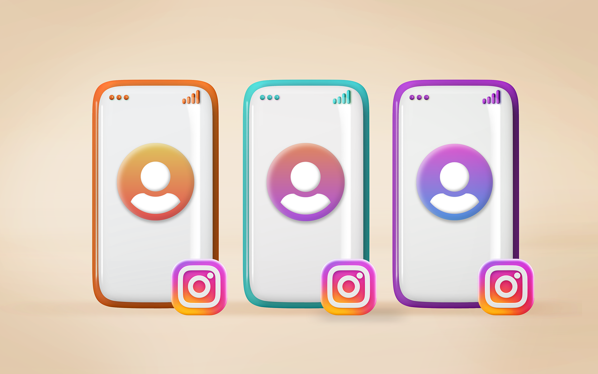 An illustration showing three phones side by side, each with a different colored border. The one on the left is orange hued, the middle is green, and the right is purple. Each phone has a white screen with a large profile picture icon in the middle, and an instagram logo outside the phone in the bottom right hand corner. Instagram Stories blog post image.