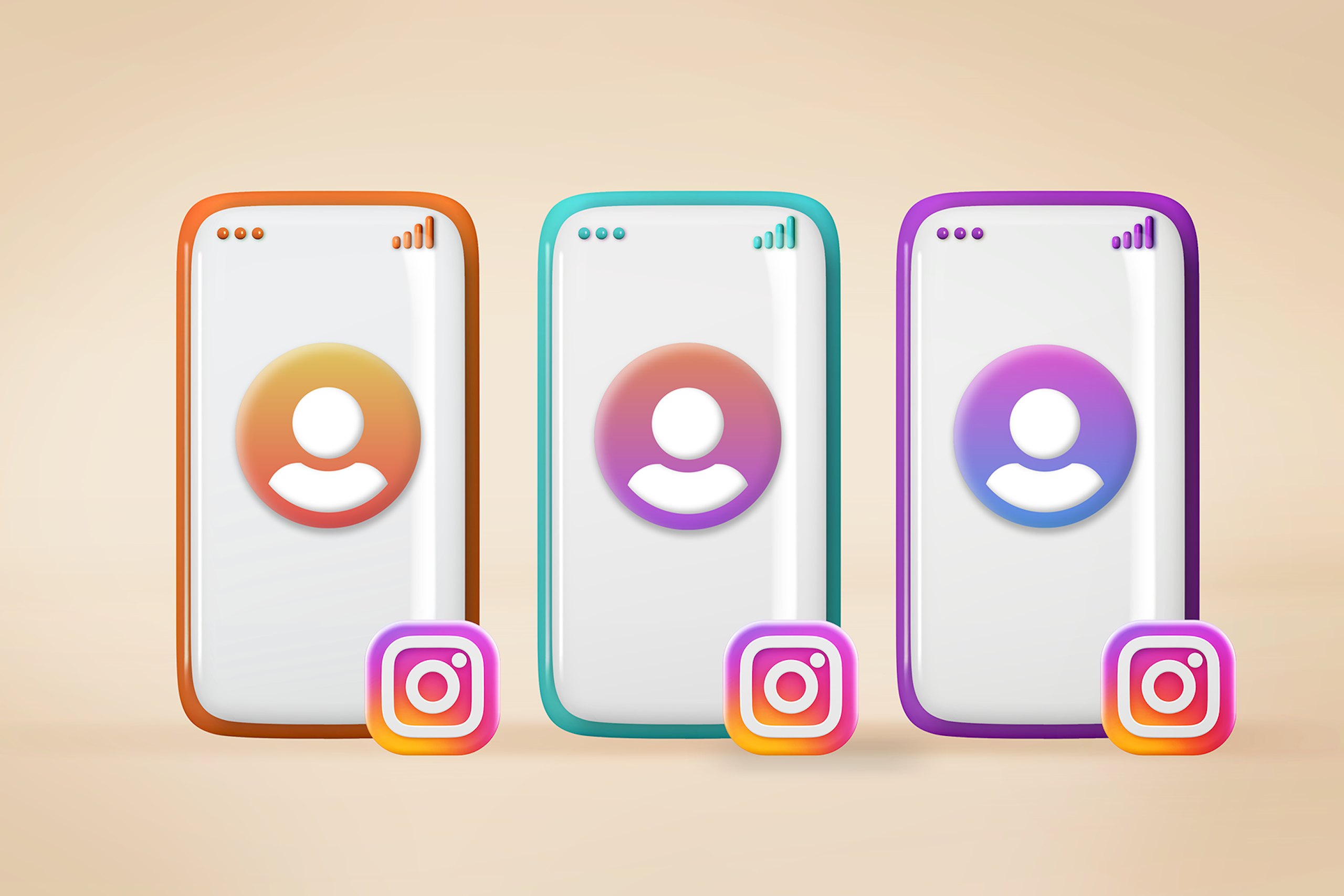 An illustration showing three phones side by side, each with a different colored border. The one on the left is orange hued, the middle is green, and the right is purple. Each phone has a white screen with a large profile picture icon in the middle, and an instagram logo outside the phone in the bottom right hand corner. Instagram Stories blog post image.