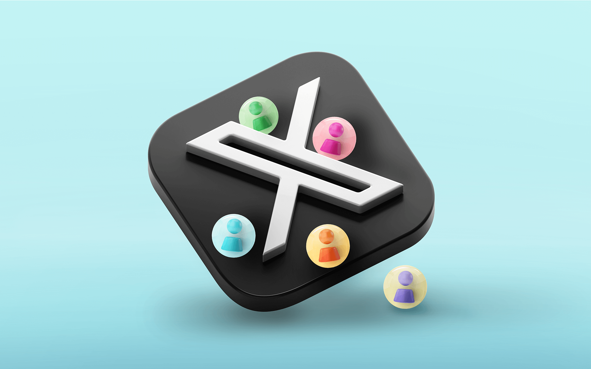 Illustration of a large Twitter/X platform logo with persona icons representing Twitter influencers.