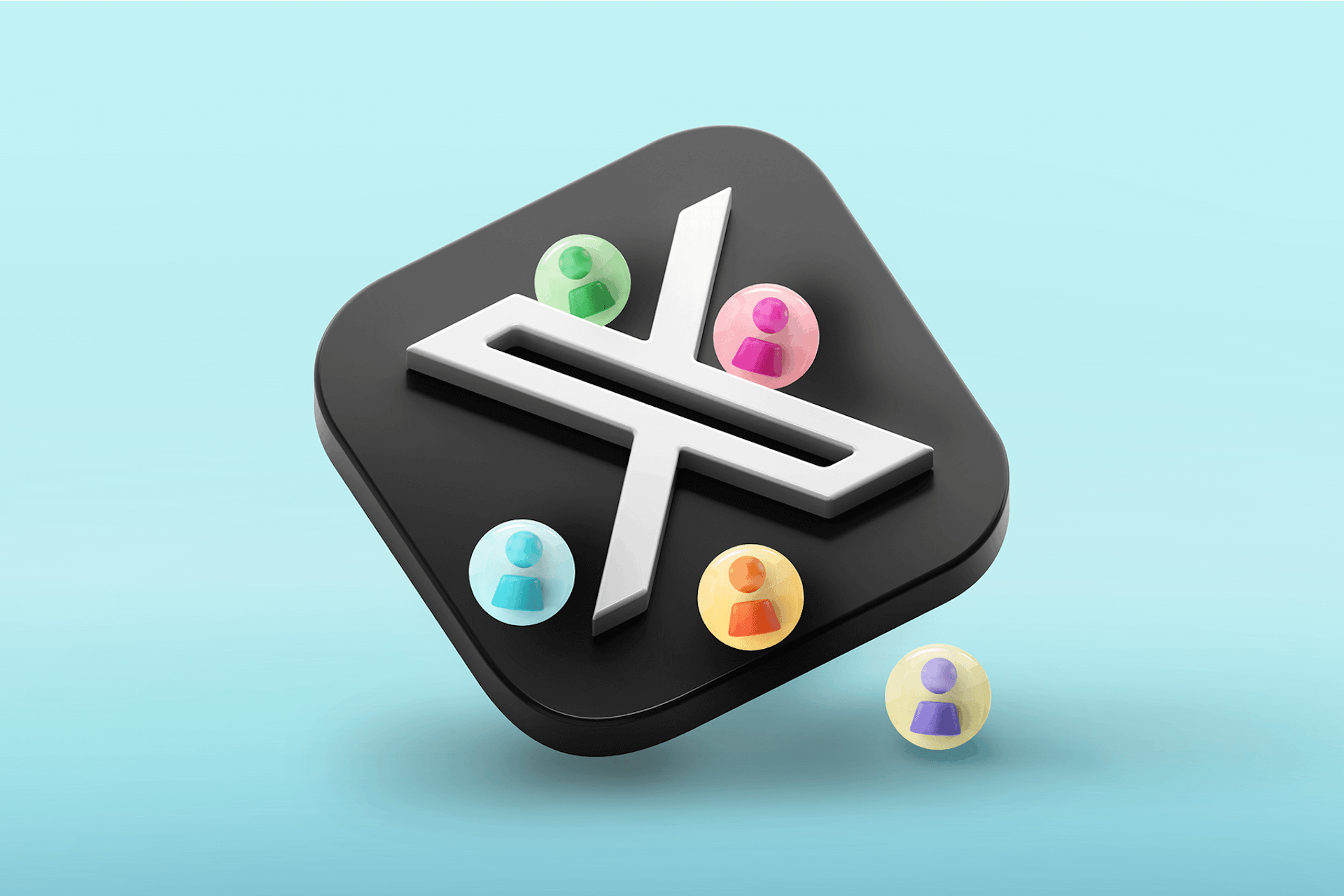 Illustration of a large Twitter/X platform logo with persona icons representing Twitter influencers.