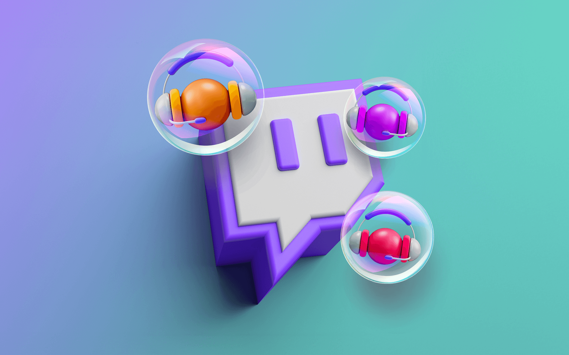 Illustration of the Twitch logo surrounded by icons with headsets representing Twitch influencers