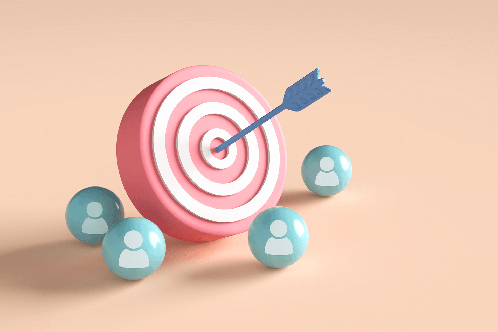 Illustration of a target with an arrow in the bullseye surrounded by persona icons representing target group analysis.