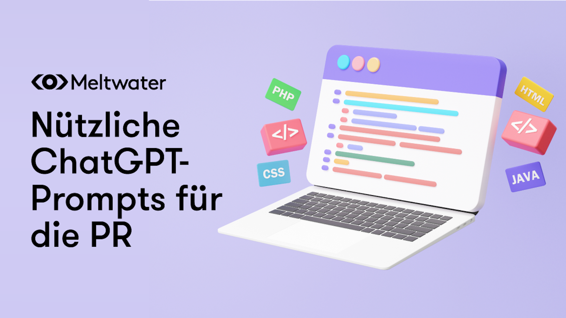 Illustration eines Tablet-Computers und einer Tastatur, umgeben von HTML-Symbolen und dem Text AI Prompts for PR Pros