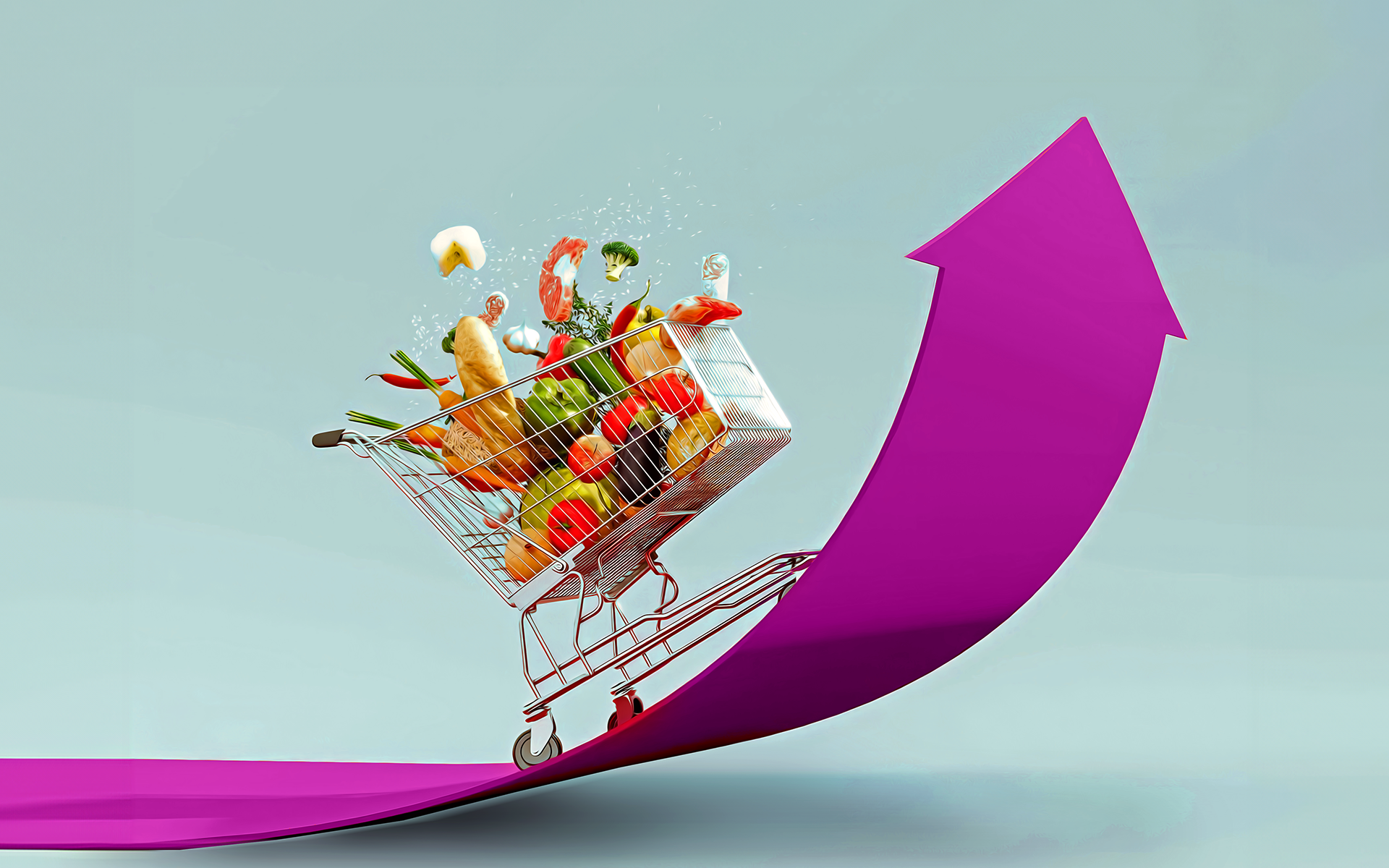 Un caddie rempli de nourriture est à la tête d'une flèche courbe vers le haut dans ce blog de Meltwater sur les conversations en ligne autour des prix des denrées alimentaires et de l'inflation.