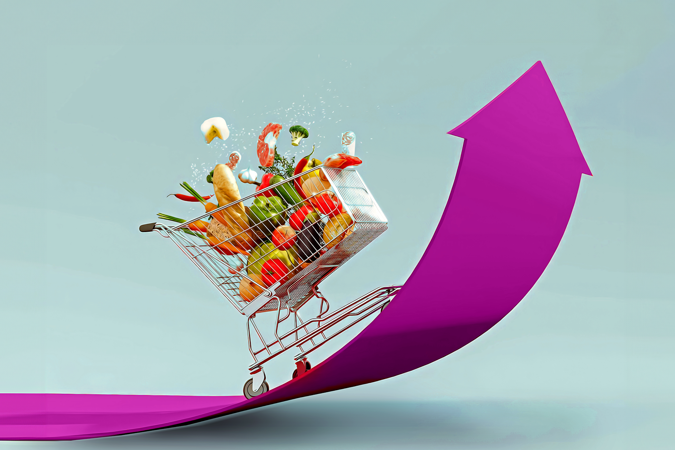 Un caddie rempli de nourriture est à la tête d'une flèche courbe vers le haut dans ce blog de Meltwater sur les conversations en ligne autour des prix des denrées alimentaires et de l'inflation.