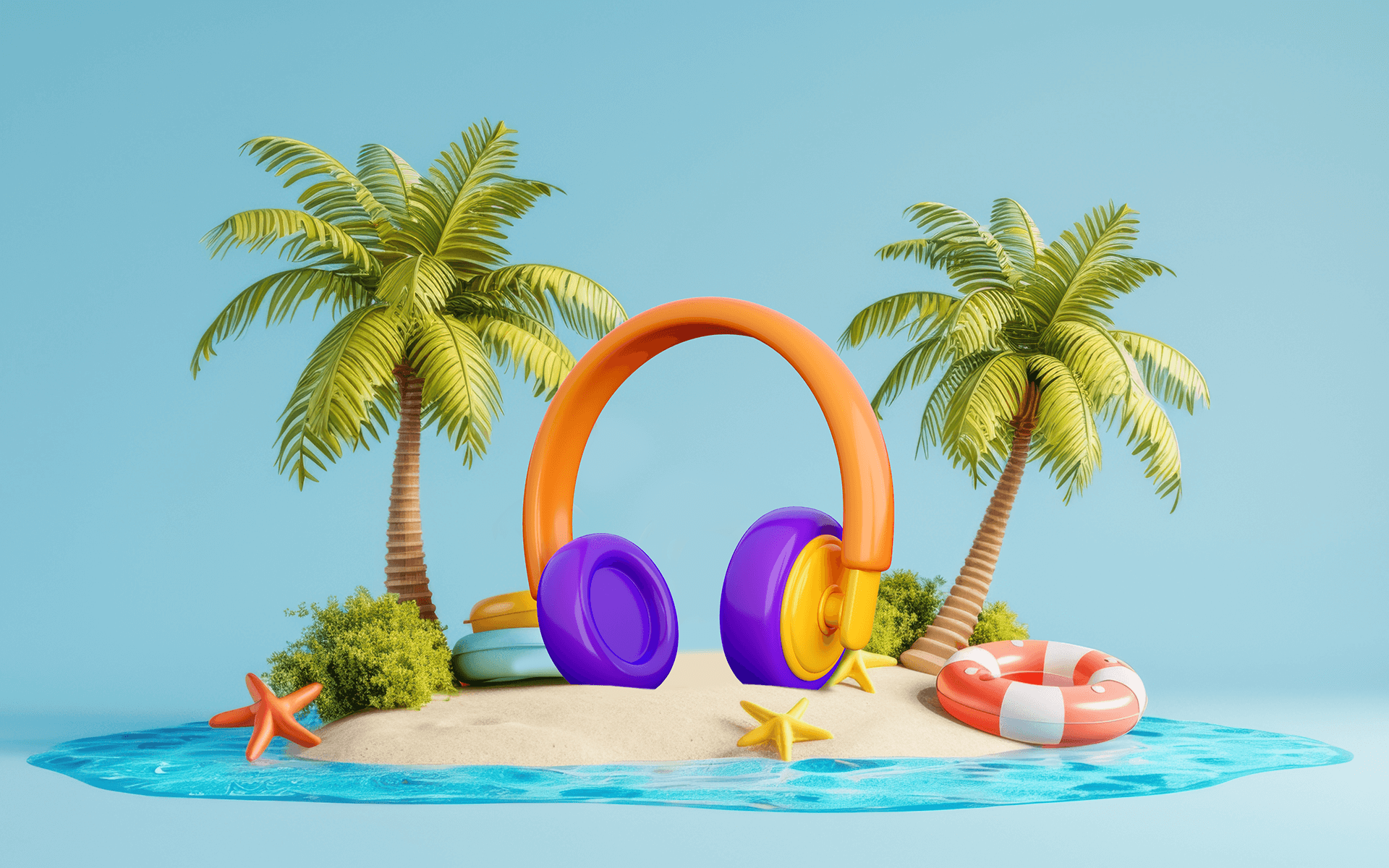 Illustration of a giant pair of headphones on a beach to represent song of the summer 2024.
