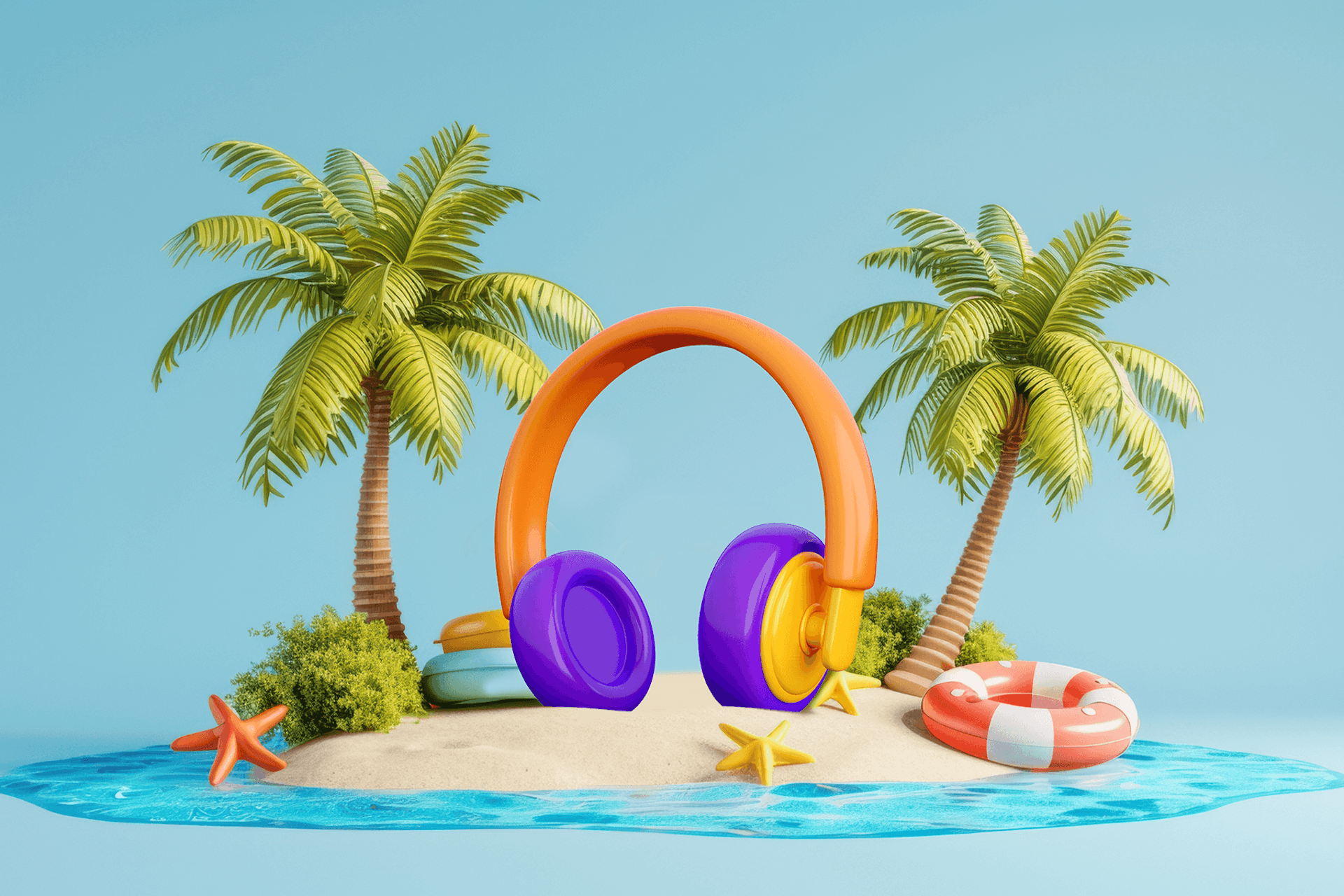 Illustration of a giant pair of headphones on a beach to represent song of the summer 2024.