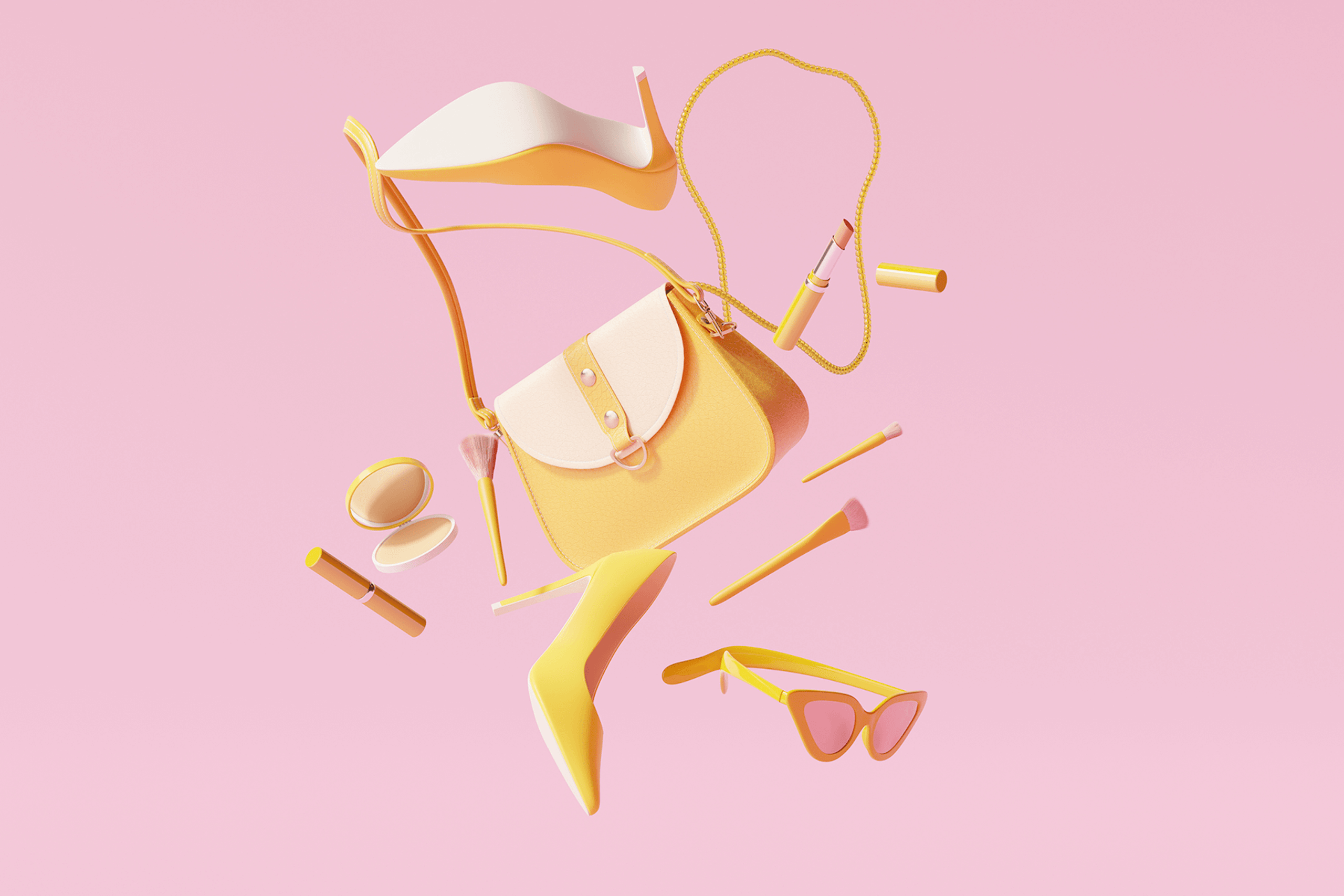 illustration d'un sac à main, de maquillage, de lunettes de soleil et de chaussures à talons hauts pour représenter la prévision des tendances de la mode