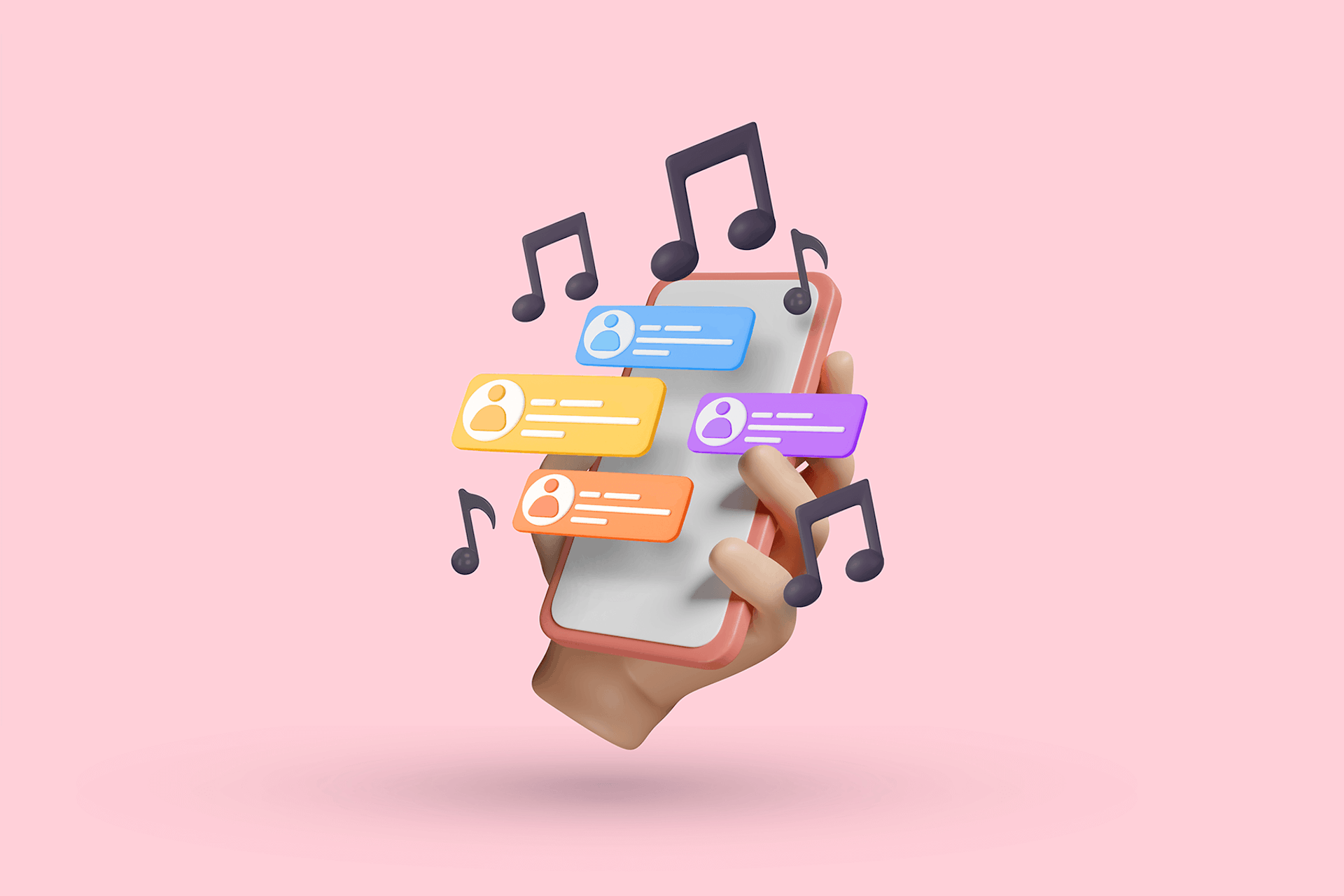 illustration of a hand holding a smartphone with influencer profiles and music notes representing music influencers