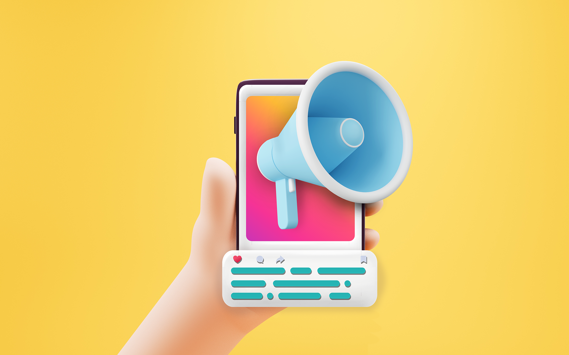 An illustration of a smartphone with a loudhailer bursting out of the screen. 